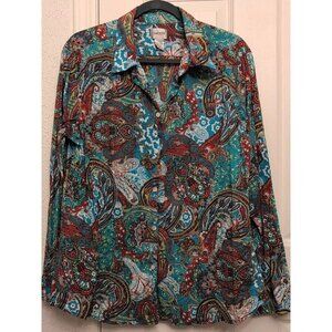 Chico's Women's Long Sleeve 100% Cotton Blouse Paisley Size 3 XL Button Down Top